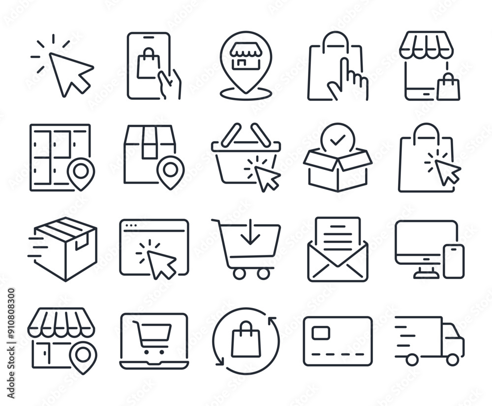 Click and collect online shopping editable stroke outline icons set isolated on white background flat vector illustration. Pixel perfect. 64 x 64 Click and collect online shopping editable stroke outline icons set isolated on white background flat vector illustration. Pixel perfect. 64 x 64