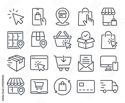 Click and collect online shopping editable stroke outline icons set isolated on white background flat vector illustration. Pixel perfect. 64 x 64	