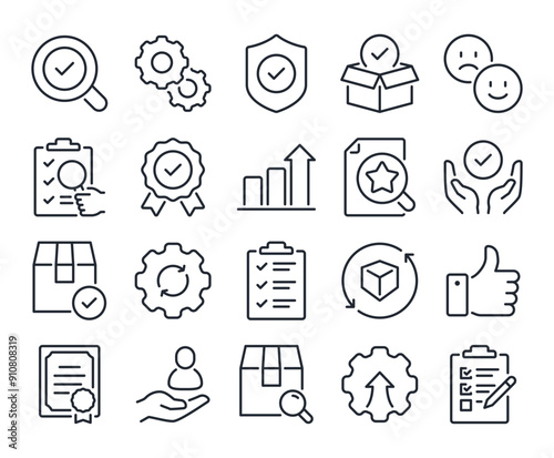 Quality assurance and control editable stroke outline icons set isolated on white background flat vector illustration. Pixel perfect. 64 x 64