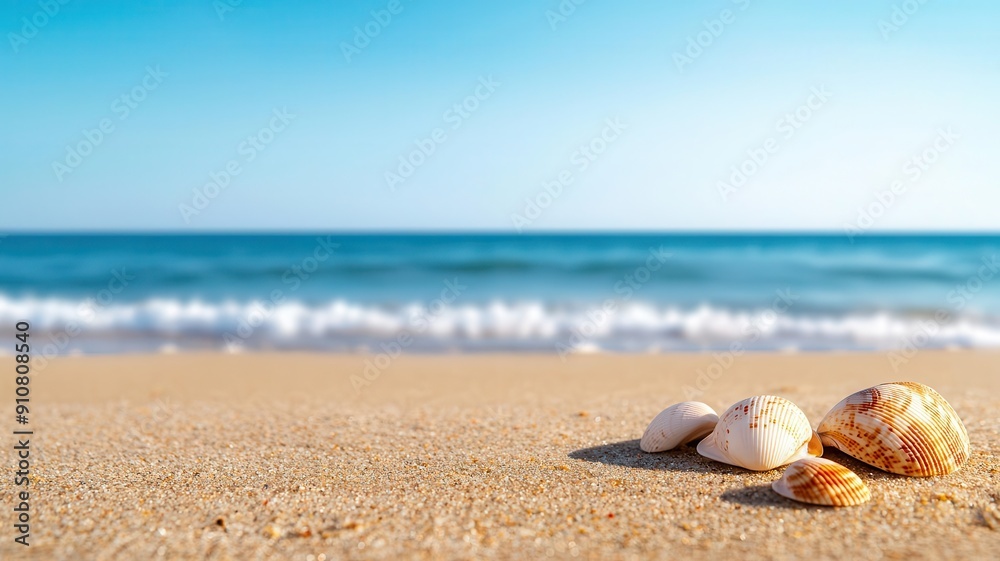 Empty beach with soft morning waves, seashells scattered on the sand, sunrise casting gentle light Empty beach with soft morning waves, seashells scattered on the sand, sunrise casting gentle light