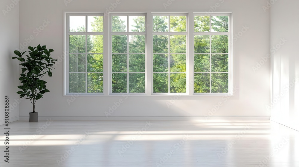 Fototapeta premium Minimalist interior with morning light streaming through large windows, creating a serene environment