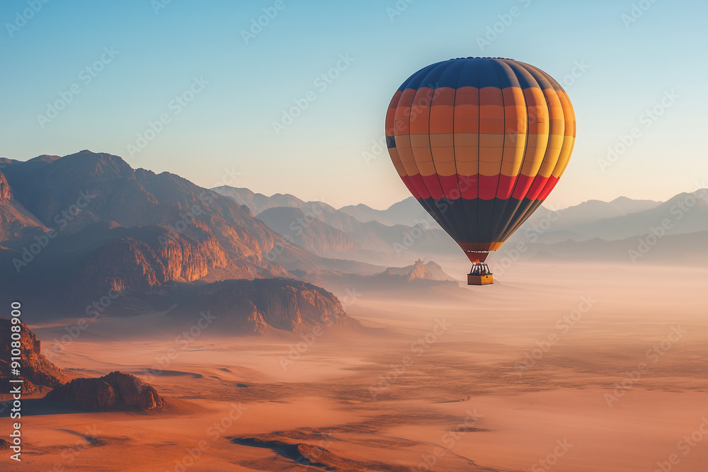 Obraz premium Soaring High: A Vibrant Hot Air Balloon over a Hazy Desert Landscape