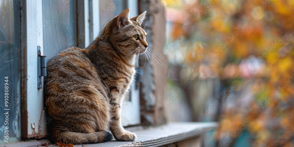 Obraz premium A stray feline perches on the ledge of a window outdoors.