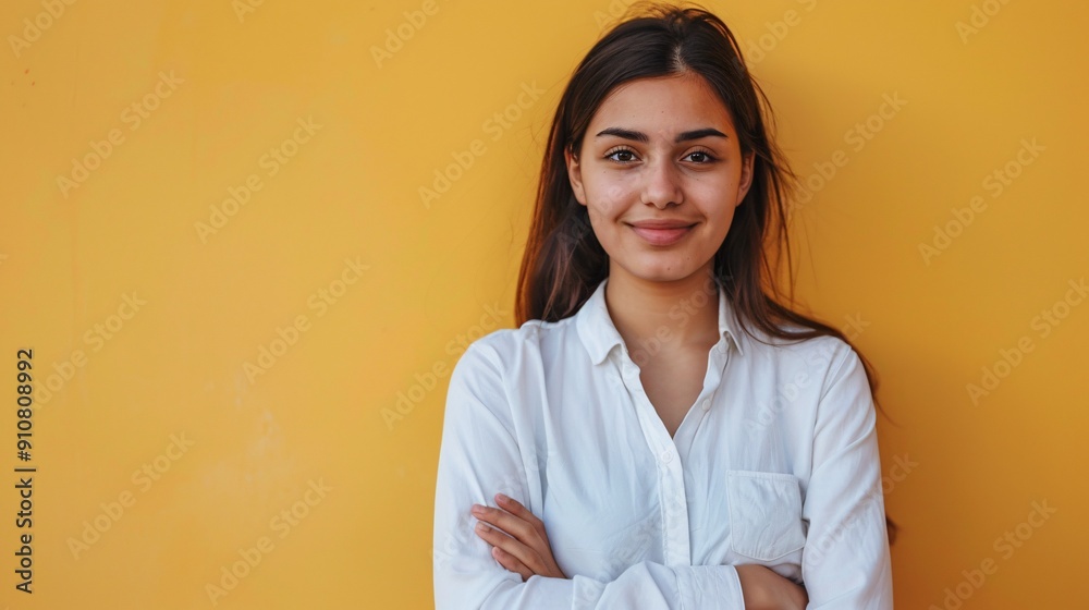 Professional headshot of a confident Middle Eastern female entrepreneur in business attire, with arms crossed and a friendly expression, on a blank background. Professional headshot of a confident Middle Eastern female entrepreneur in business attire, with arms crossed and a friendly expression, on a blank background.