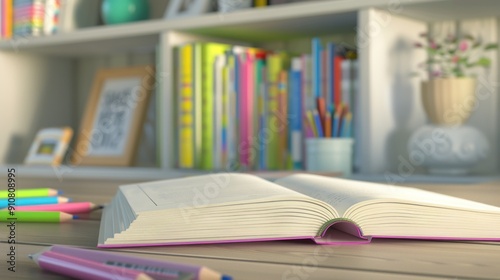 Open book on a table with colorful pencils and a bookcase in the background.