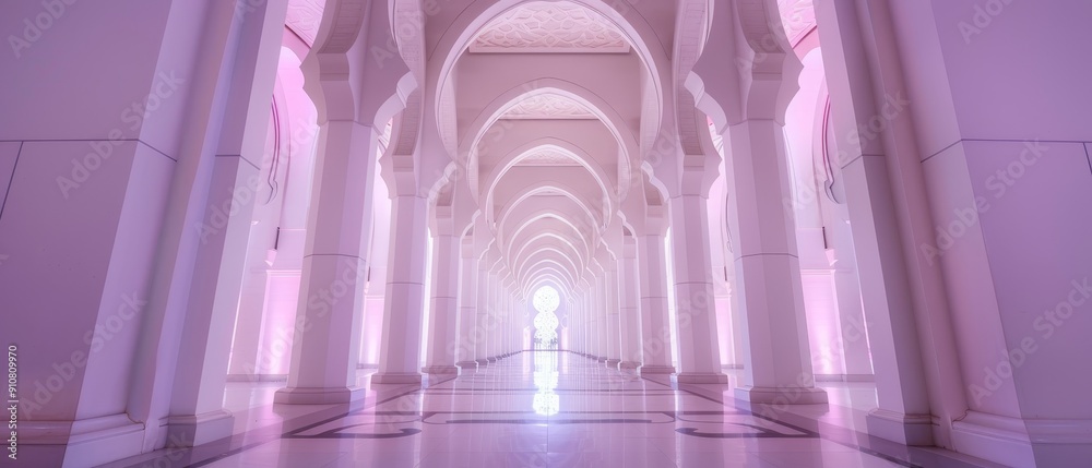 Fototapeta premium Mosque with exquisite carvings and intricate patterns, highlighted by the vibrant neon lights of the city, merging tradition and modernity