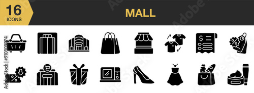 Mall Glyph icon set. Includes basket, elevator, foodcourt, discount, gift box, and More. Solid icons vector collection.
