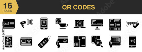 QR Codes Glyph icon set. Includes barcode inventory, barcode scanner, barcode label, loyalty card, barcode product, and More. Solid icons vector collection.