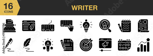 Writer Glyph icon set. Includes typewriter, keyboard, idea, search idea, note, feather pen, and More. Solid icons vector collection.