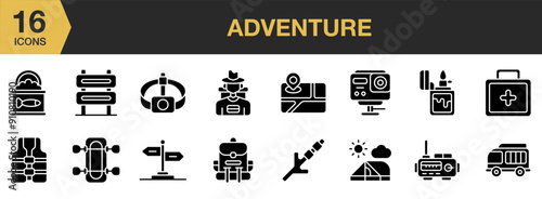 Adventure Glyph icon set. Includes kayak, signboard, action camera, lighter, vest, radio, and More. Solid icons vector collection.