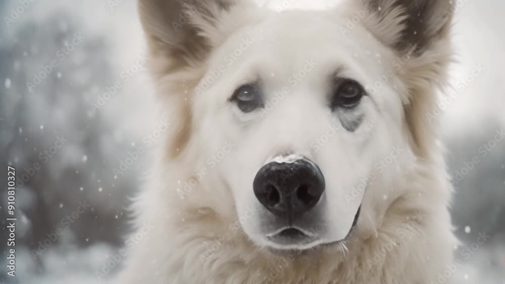 Spectacular Slow Motion Close-Up Of White Shepherd Dog And The Falling Snow Spectacular Slow Motion Close-Up Of White Shepherd Dog And The Falling Snow
