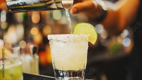 Bartender pouring a margarita with a lime wedge photo