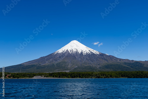 Todos los Santos (Allsaints) lake with the snow-capped Osorno volcano in the background, Vicente Rosales National Park, Puerto Varas, Chile.