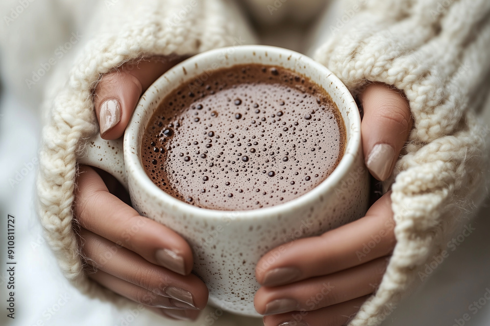 person is holding a white coffee cup with a brown swirl on top. The cup is filled with hot chocolate, and the person is wearing a white sweater. The image conveys a cozy and warm atmosphere person is holding a white coffee cup with a brown swirl on top. The cup is filled with hot chocolate, and the person is wearing a white sweater. The image conveys a cozy and warm atmosphere