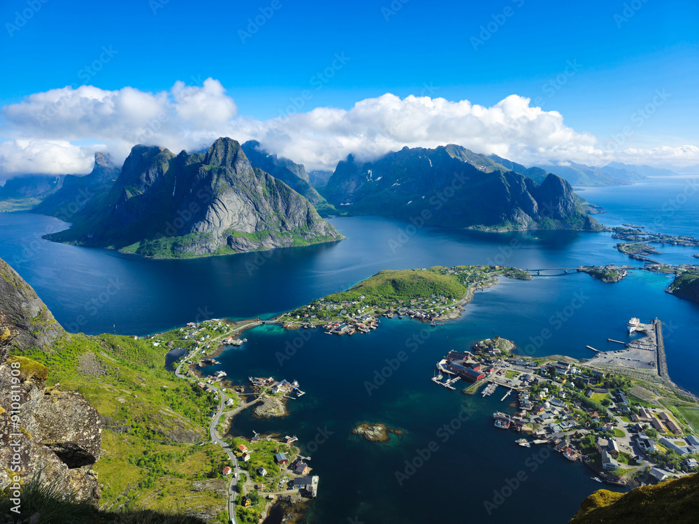 Breathtaking View of Norwegian Fjords and Islands, Reinebringen Lofoten Norway Breathtaking View of Norwegian Fjords and Islands, Reinebringen Lofoten Norway