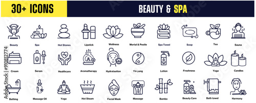 Beauty and Spa set of web icons in line style. Cosmetics services Spa icons for web and mobile app. Spa treatments, skin care, massage, hyaluronic acid, serum, anti ageing, pore tighten, cosmetology