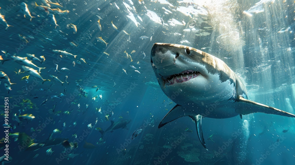 Fototapeta premium Great White Shark with Open Mouth Surrounded by Fish