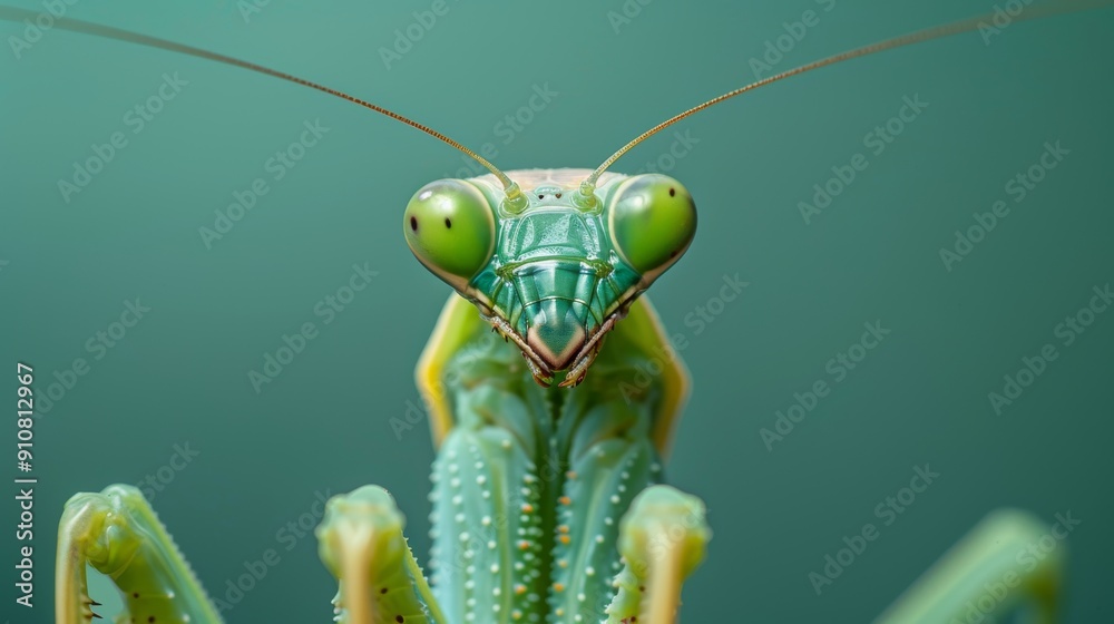 Detailed close-up of a mantis with its legs folded, isolated on a plain background, perfect for marketing materials with space for text Detailed close-up of a mantis with its legs folded, isolated on a plain background, perfect for marketing materials with space for text
