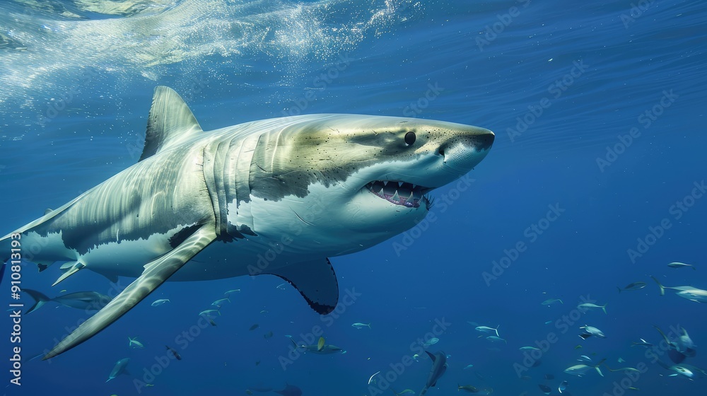 Fototapeta premium Great White Shark with Open Mouth Surrounded by Fish
