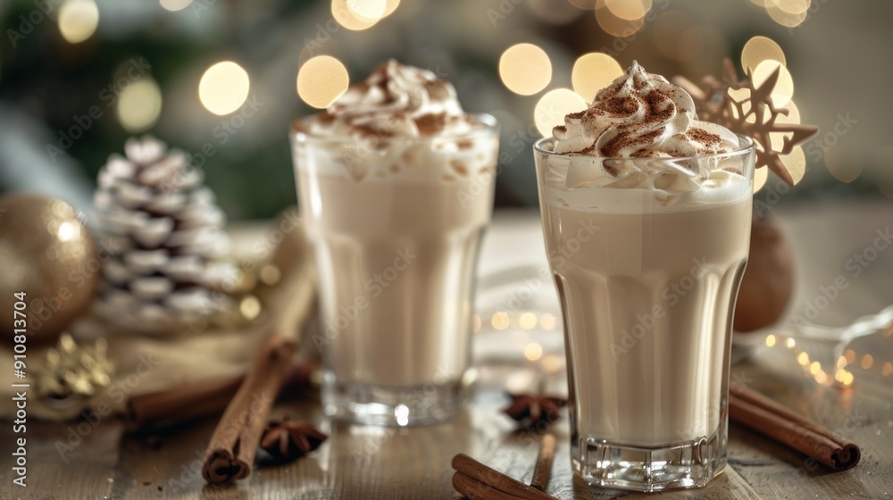 Two Glasses of Eggnog with Whipped Cream and Cinnamon Two Glasses of Eggnog with Whipped Cream and Cinnamon