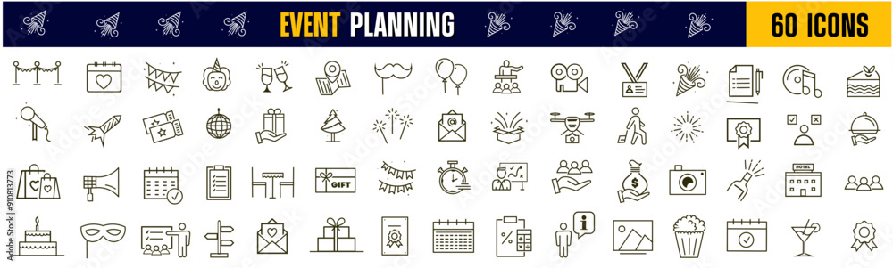 Event planning set of web icons in linear style. Event organisation icons for web and mobile app. Management, wedding, entertainment, catering, invitations, catering, coordination. Vector illustration Event planning set of web icons in linear style. Event organisation icons for web and mobile app. Management, wedding, entertainment, catering, invitations, catering, coordination. Vector illustration
