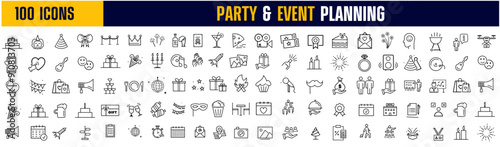 Event party planning set of web icons in linear style. Event organisation icons for web and mobile app. Management, wedding, entertainment, catering, invitations, catering, coordination. illustration