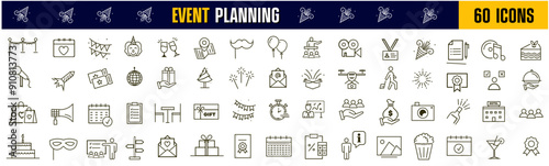 Event planning set of web icons in linear style. Event organisation icons for web and mobile app. Management, wedding, entertainment, catering, invitations, catering, coordination. Vector illustration
