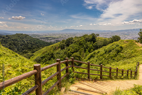 Wakakusayama Hill, Nara panoramic view, sunset in Nara City, Japan