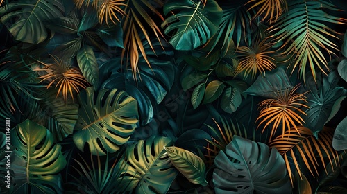 A close-up of large exotic leaves with intricate details