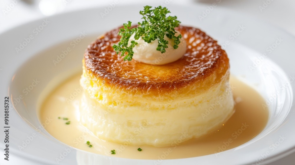 Durian souffle, vanilla custard, subtle caramelization, high-end restaurant setting Durian souffle, vanilla custard, subtle caramelization, high-end restaurant setting