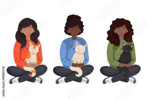 Vector set of flat illustration of african and latino volunteer girls with a cat isolated from background. Clipart collection. Adoption of homeless animals. Veterinary medicine and assistance.
