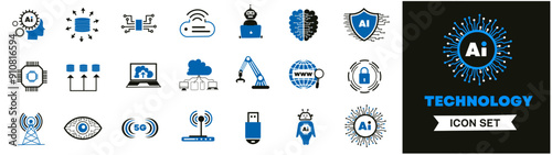 AI Information Technology icon set. Containing cloud computing, IT manager, big data, data analytics, internet, network security and more. Solid vector icons collection