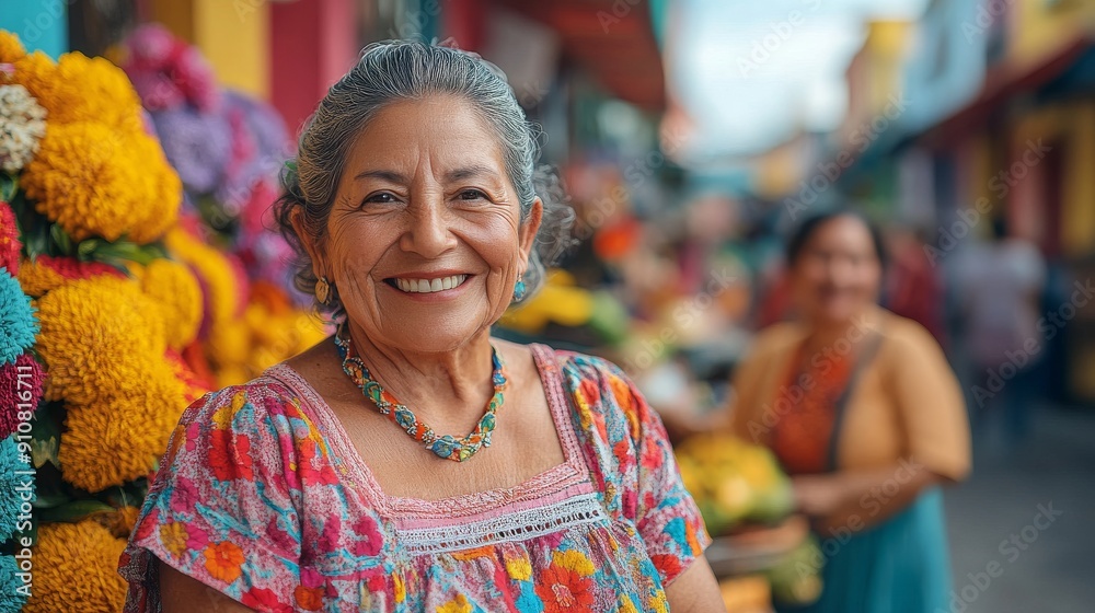 A women wearing colorful artisan Mexican clothing in front of a traditional Mexican market full of hispanic cultural and festive atmosphere. A women wearing colorful artisan Mexican clothing in front of a traditional Mexican market full of hispanic cultural and festive atmosphere.