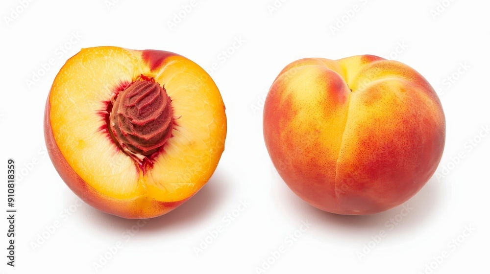 A single fresh peach cut in half, one side showing the stone, the other with smooth, ripe flesh. Set against a pristine white background