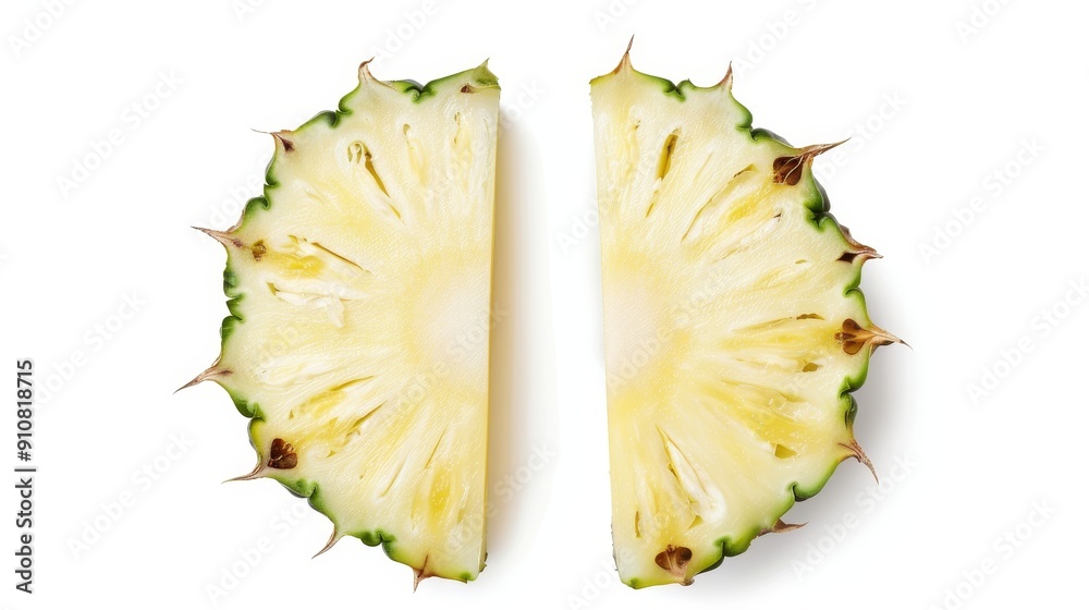 A single pineapple cut into two halves, showcasing the intricate pattern of the fruit's flesh. The image is cleanly isolated against a white backdrop A single pineapple cut into two halves, showcasing the intricate pattern of the fruit's flesh. The image is cleanly isolated against a white backdrop
