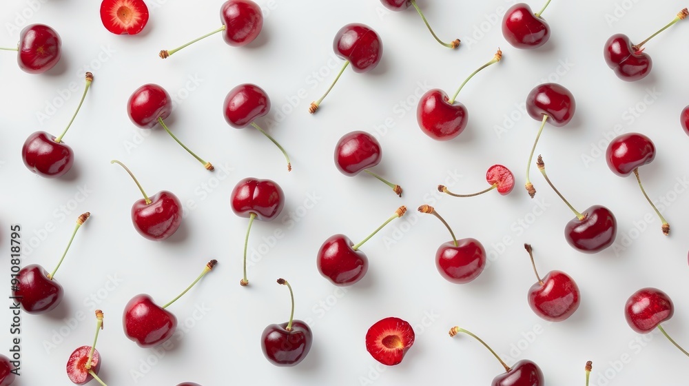 A variety of cherry slices arranged in a visually appealing pattern. Halves, quarters, and full cherries scattered on a white surface A variety of cherry slices arranged in a visually appealing pattern. Halves, quarters, and full cherries scattered on a white surface