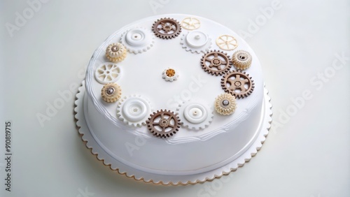 White Cake Decorated with Brown and White Gears