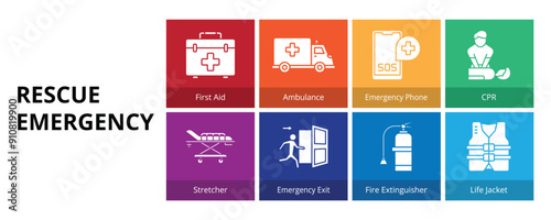 Rescue Emergency Glyph Solid Banner Web Icon Set Vector Illustration, First Aid Ambulance Emergency Phone CPR Stretcher Emergency Exit Fire Extinguisher Life Jacket