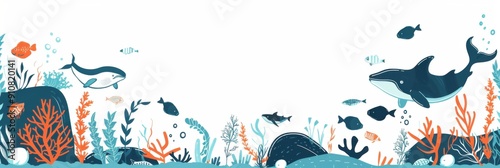 World Fisheries Day. Sea background with with fish and sea plants. Flat illustration. Horizontal banner. Free space for text. World Tuna Day. World Ocean Day Fishing Day. Postcard, template photo