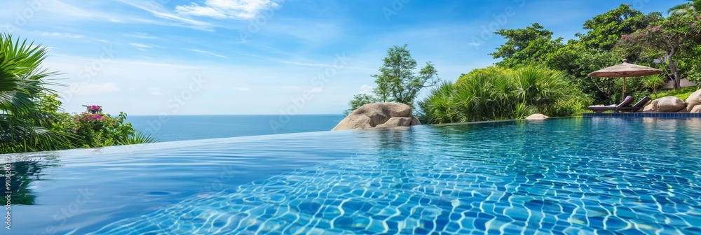 Obraz premium An elegant infinity pool with a breathtaking view of the ocean, surrounded by verdant greenery, creating a serene and luxurious tropical escape.