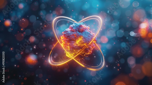 The image is an illustration of an atom photo