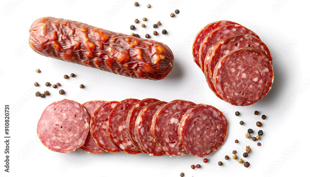 Smoked sausage salami with slices isolated on white background with clipping path. Top view with copy space for your text. Flat lay Smoked sausage salami with slices isolated on white background with clipping path. Top view with copy space for your text. Flat lay