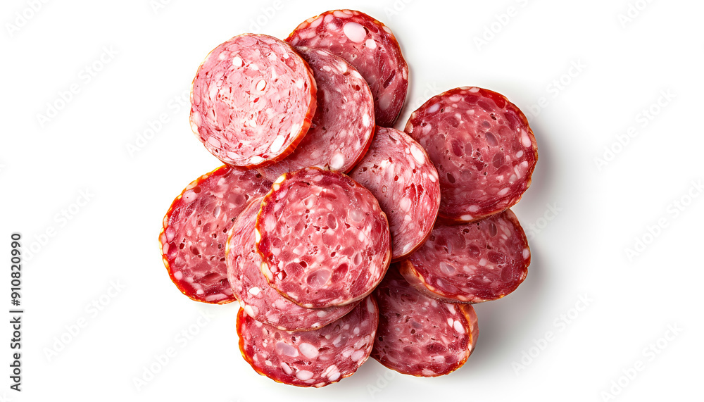 Smoked sausage salami with slices isolated on white background with clipping path. Top view with copy space for your text. Flat lay