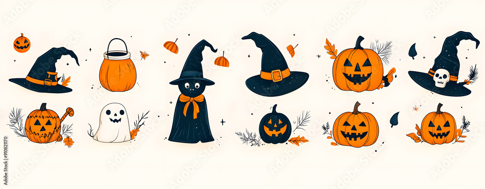 Halloween drawings on white background. Horizontal. Halloween drawings on white background. Horizontal.