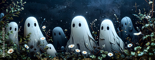 Group of good ghosts at night. Halloween. Day of the Dead. Carnival.