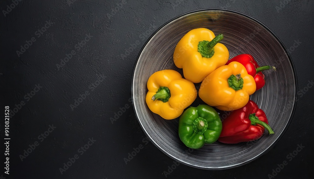 Bell pepper in a bowl on a black background, top view, copy space Bell pepper in a bowl on a black background, top view, copy space