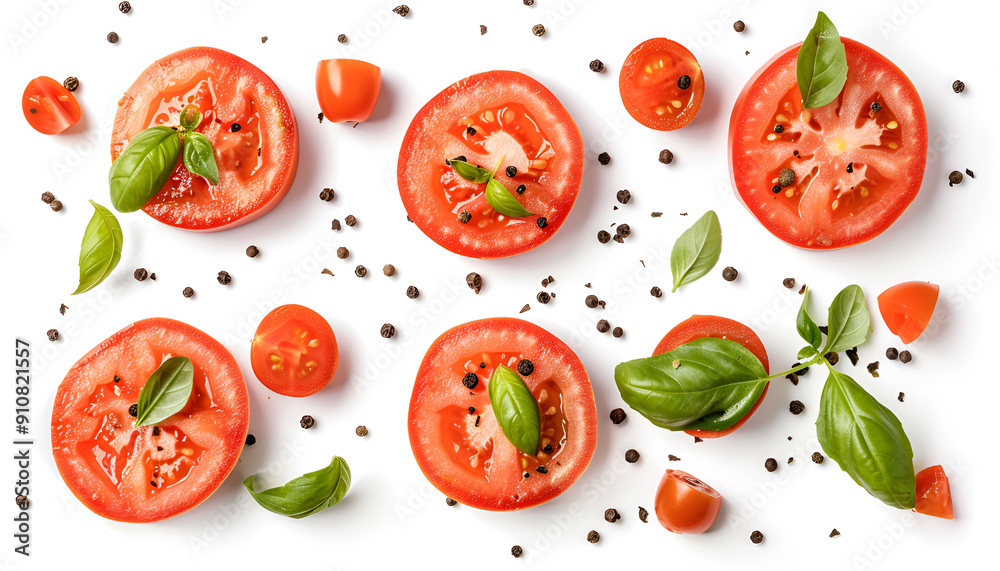 Tomato slices with basil and peppercorns isolated on white background. Clipping path and full depth of field. Top view. Flat lay Tomato slices with basil and peppercorns isolated on white background. Clipping path and full depth of field. Top view. Flat lay
