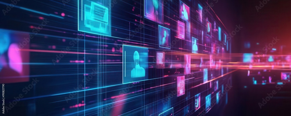 Obraz premium Abstract digital network with glowing blue and pink icons representing technology, communication, and data exchange.