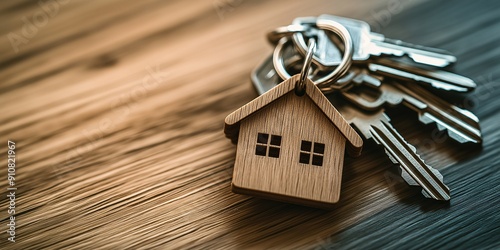 A close-up of a keychain with a wooden house attached to a set of keys. photo