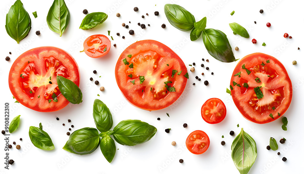 Tomato slices with basil and peppercorns isolated on white background. Clipping path and full depth of field. Top view. Flat lay Tomato slices with basil and peppercorns isolated on white background. Clipping path and full depth of field. Top view. Flat lay